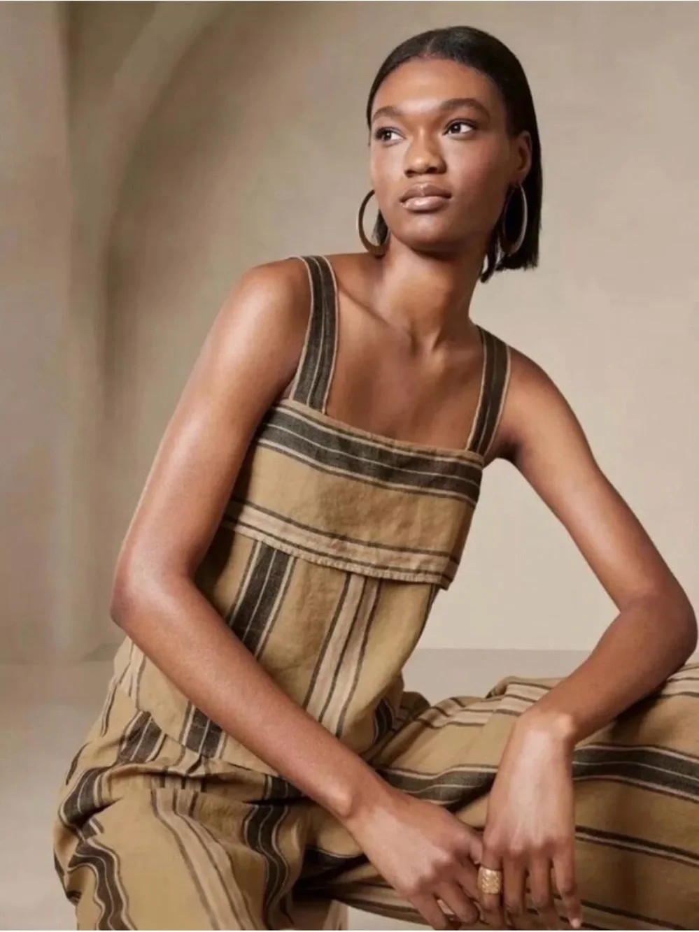Banana Republic Mia Striped Tan and Brown Sleeveless Linen Short set